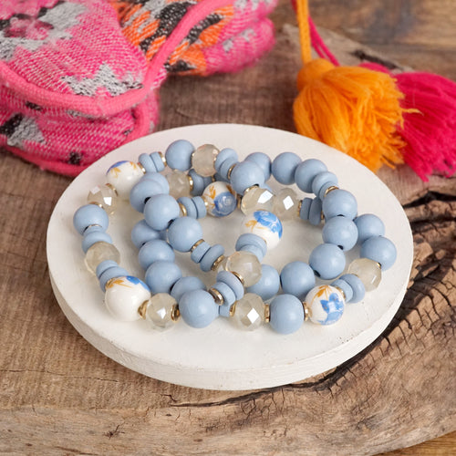 Blue Chinoiserie Wooden Glass Beads Bracelets Stack of 3 White Periwinkle