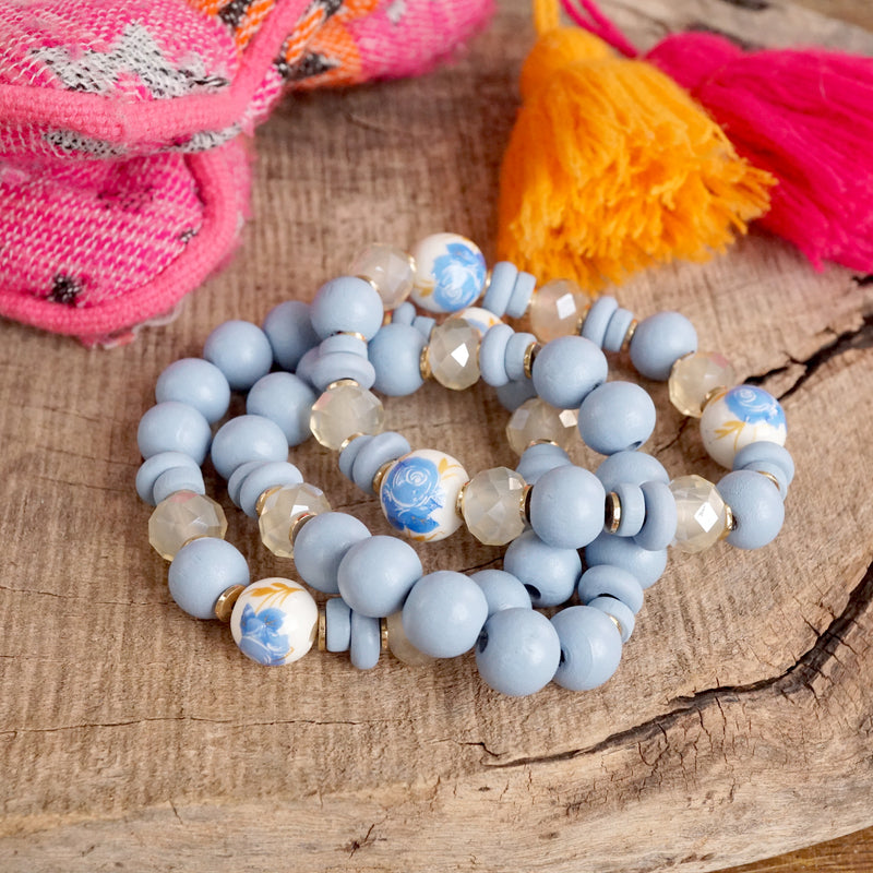 Blue Chinoiserie Wooden Glass Beads Bracelets Stack of 3 White Periwinkle