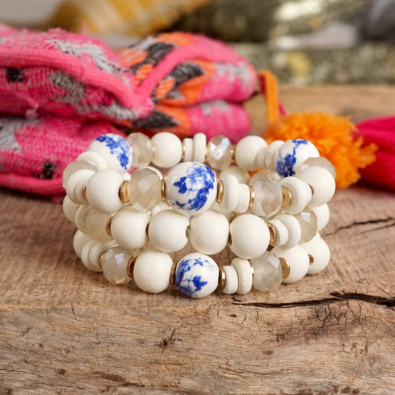 Blue Chinoiserie Wooden Glass Beads Bracelets Stack of 3 White Periwinkle