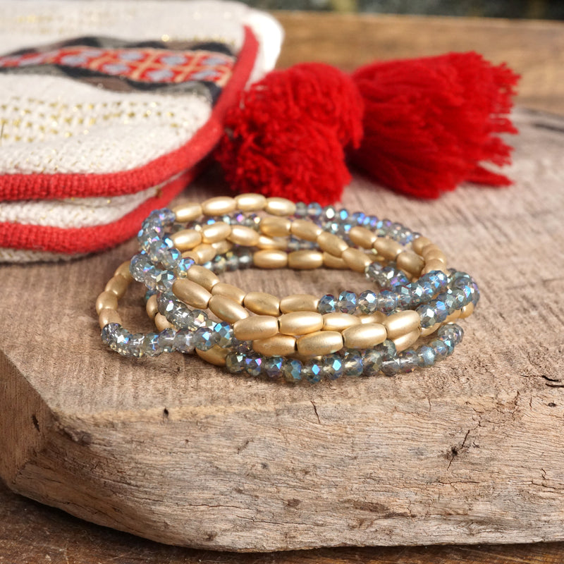 Layered Sparkly Glass and Gold Rice Beads Bracelets Sets