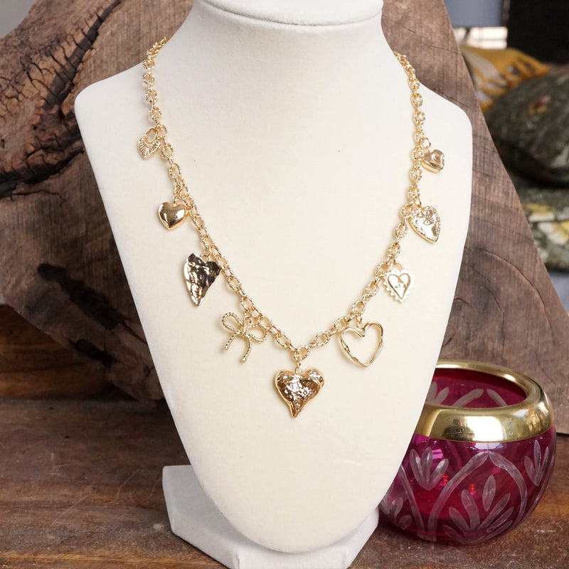 Multi-Charm Heart Necklace – Gold Tone