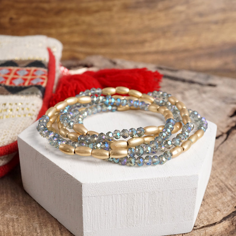 Layered Sparkly Glass and Gold Rice Beads Bracelets Sets