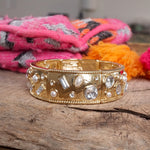 Wide Gold-Tone Stretch Bangle with Pearls and Crystals