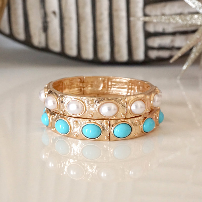 Classic Golden Stretchy Bangles – Pearl or Turquoise Accents