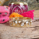 Wide Gold-Tone Stretch Bangle with Pearls and Crystals