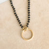 Long Wooden Bead Necklace with gold circle ring - Black