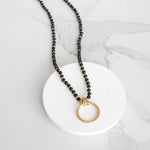 Long Wooden Bead Necklace with gold circle ring - Black