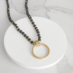 Long Wooden Bead Necklace with gold circle ring - Black