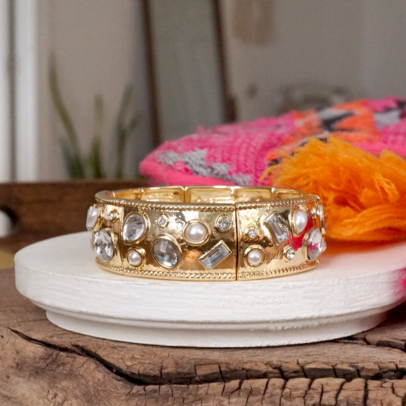 Wide Gold-Tone Stretch Bangle with Pearls and Crystals