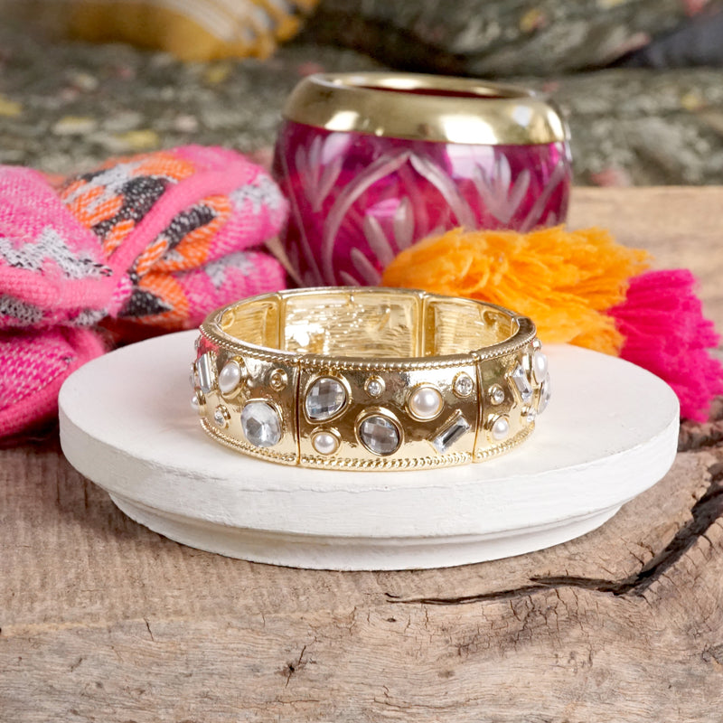 Wide Gold-Tone Stretch Bangle with Pearls and Crystals