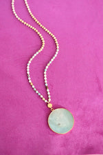 Beaded Long Necklace with Semi Precious Amazonite Stone Round Pendant