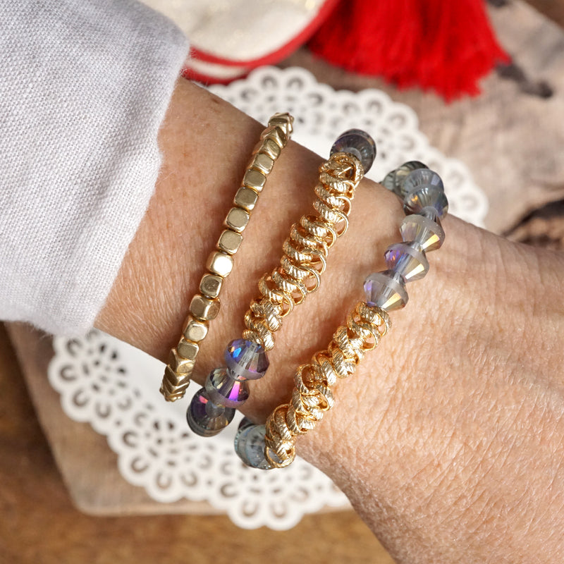 Sparkly Bicone Glass and Gold Tone Beaded Bracelets Set