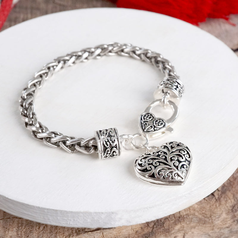 Classic Wheat Chain Bracelet with Filigree Clasp and Charm – Heart or Cross Styles