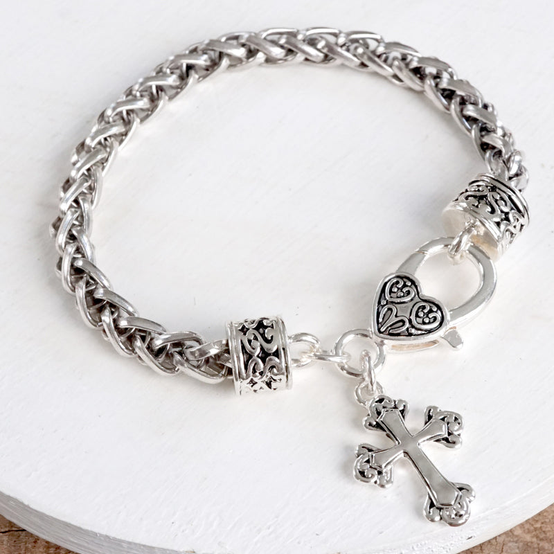 Classic Wheat Chain Bracelet with Filigree Clasp and Charm – Heart or Cross Styles