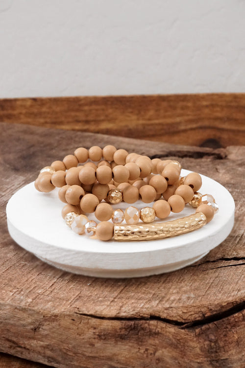 Beaded bracelets set in Wooden Neutral Beige and Gold tube