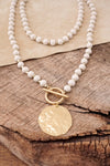 Multi Strand Wooden Beads Short Coin Necklace in Cream and Gold