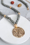 Long Wooden Bead Necklace with gold coin - Gray