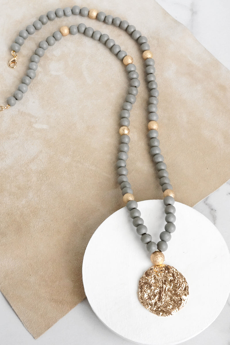Long Wooden Bead Necklace with gold coin - Gray