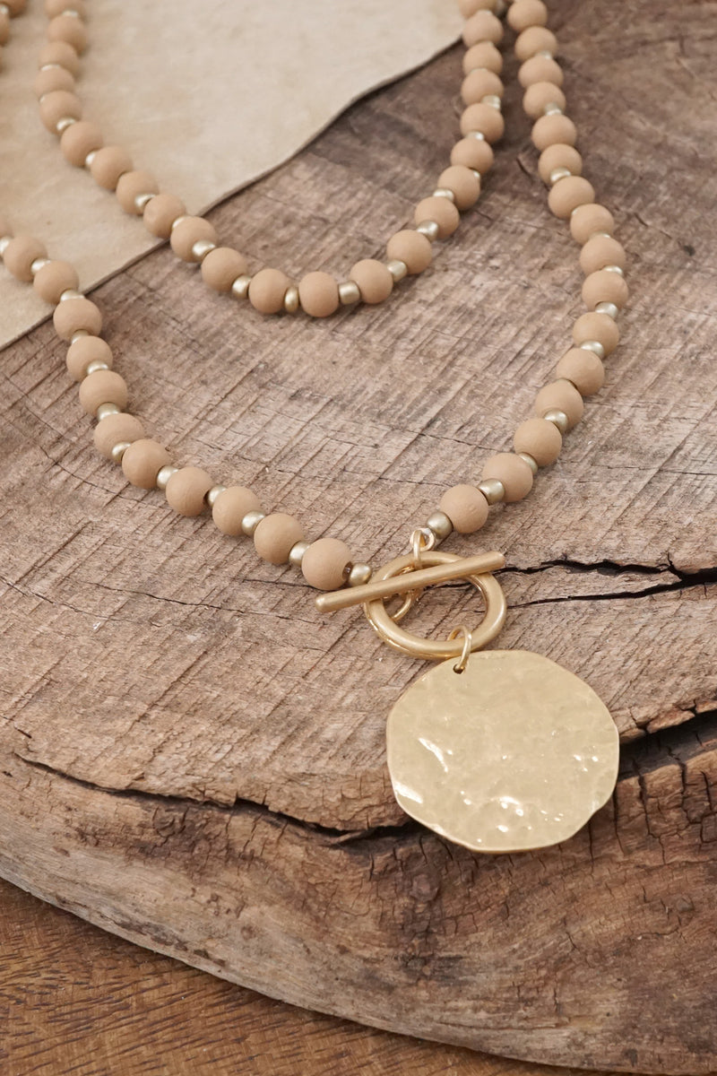 Multi Strand Wooden Beads Short Coin Necklace in Neutral and Gold