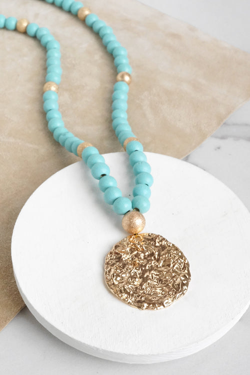 Long Wooden Bead Necklace with gold coin - turquoise