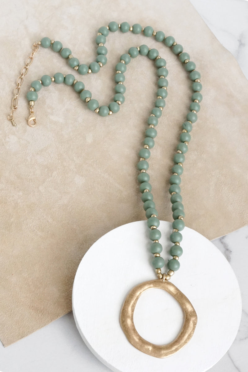 Long Wooden Bead Necklace with gold circle - olive green