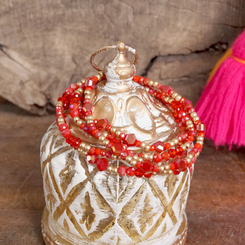 Layered Red Glass & Gold Beaded Bracelet Set