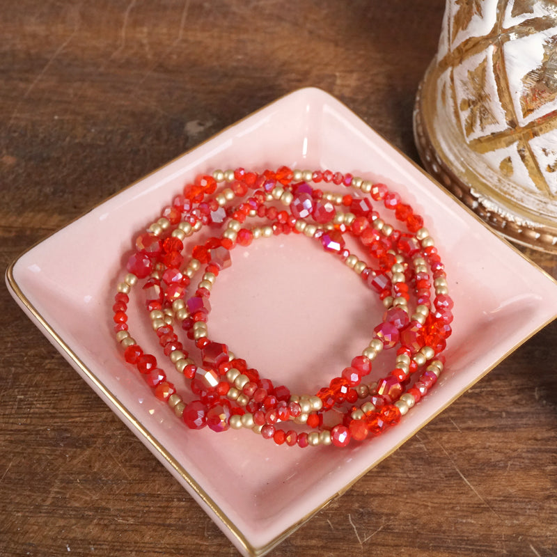 Layered Red Glass & Gold Beaded Bracelet Set