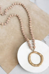 Long Wooden Bead Necklace with gold circle - brown taupe