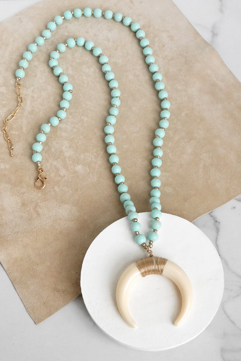 Long Wooden Bead Necklace with acrylic antler - turquoise
