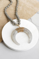 Long Wooden Bead Necklace with acrylic antler - gray