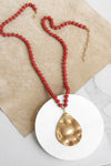 Long Wooden Bead Necklace with gold teardrop - red