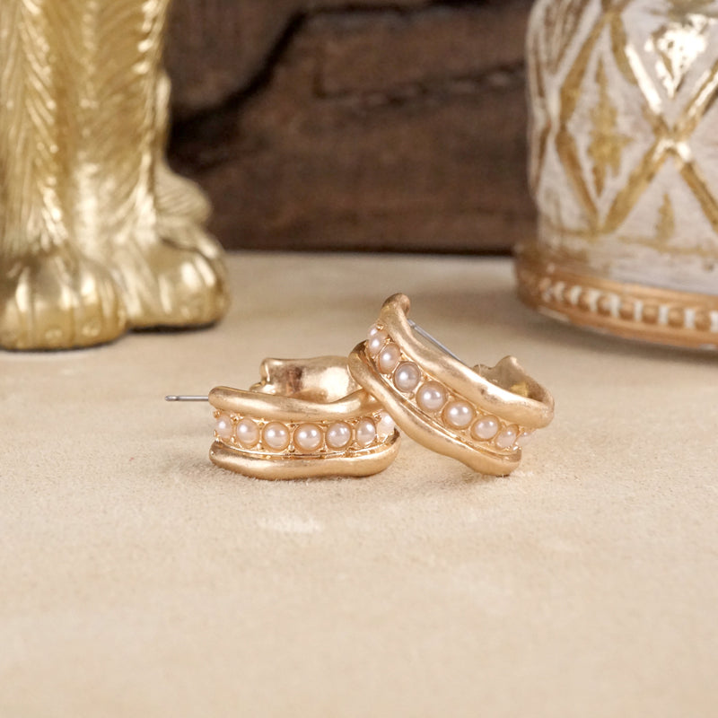 Minimalist Hoops with Faux Pearls or Turquoise – Brushed Gold