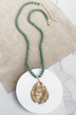 Long Wooden Bead Necklace with gold teardrop - olive green