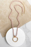 Long Wooden Bead Necklace with gold ring - pink
