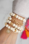 Beaded Boho Bracelets set of 4 with Gold Coin Cream wooden Beads and Metal chain
