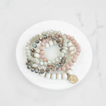 Beaded Bracelets set coin charm In Ivory Brown Blush pink - Multi color