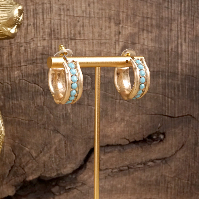 Minimalist Hoops with Faux Pearls or Turquoise – Brushed Gold