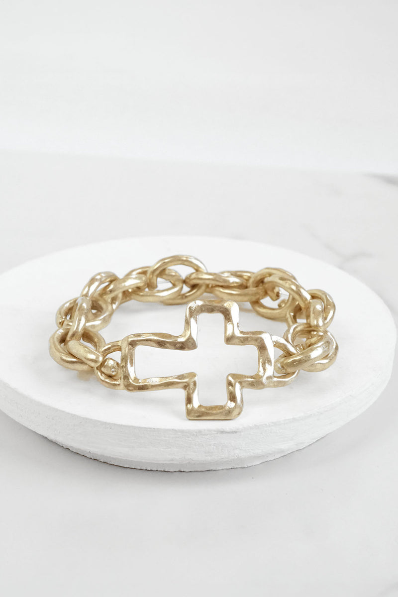 Chunky Chain Cross Bracelet Worn Gold