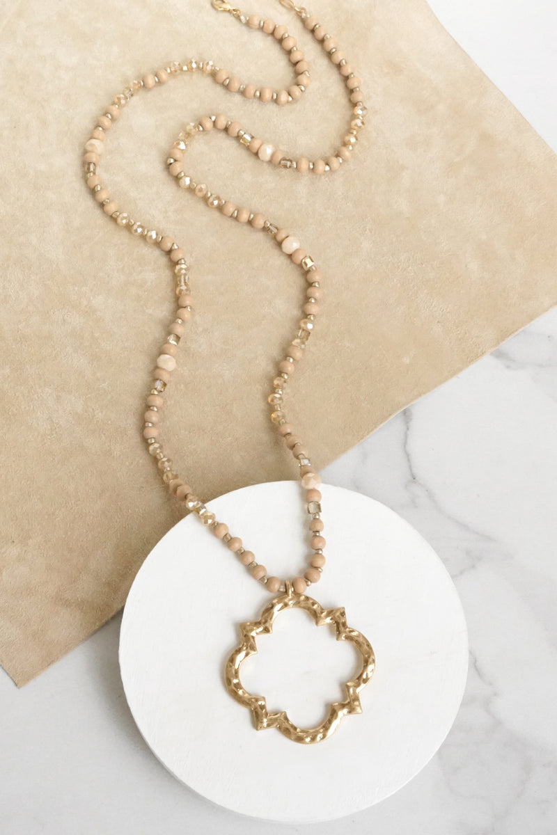 Long Wooden Bead Necklace with Quatrefoil gold pendant - nude