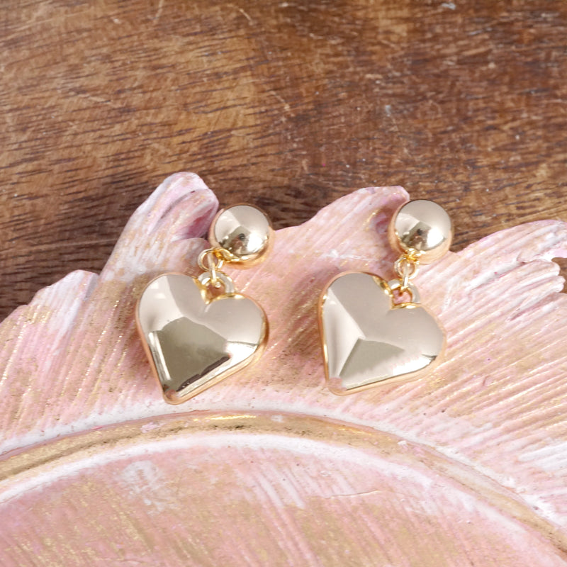 Puffy Heart Dangle Earrings – Gold Tone, Perfect for Valentine's Day