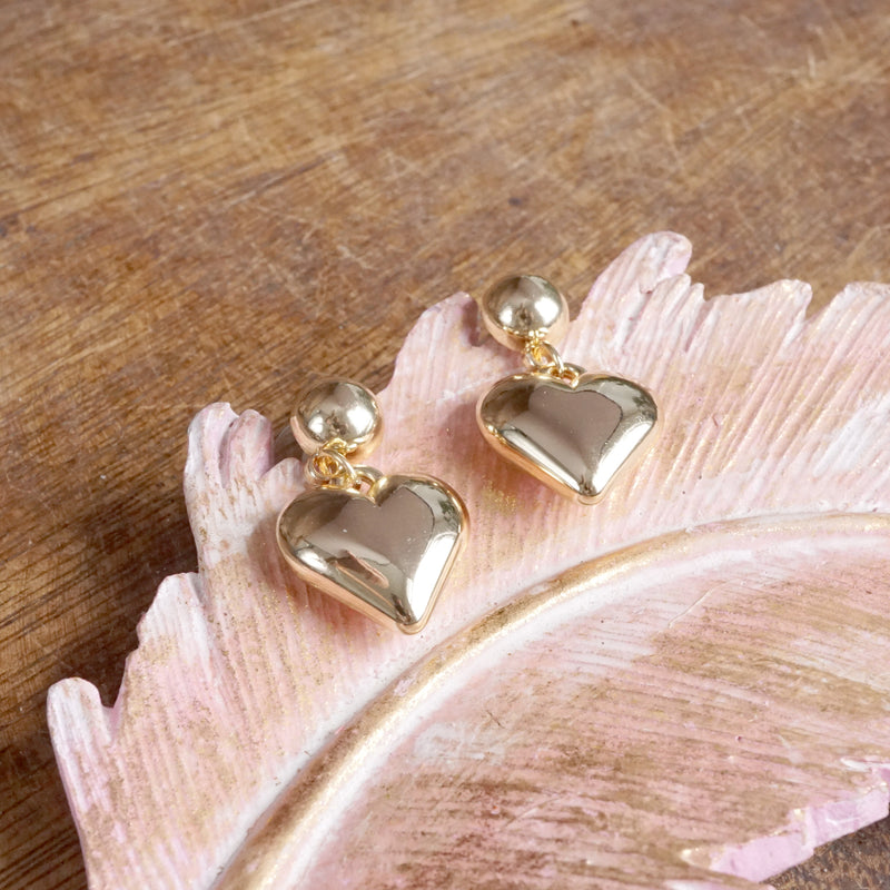 Puffy Heart Dangle Earrings – Gold Tone, Perfect for Valentine's Day