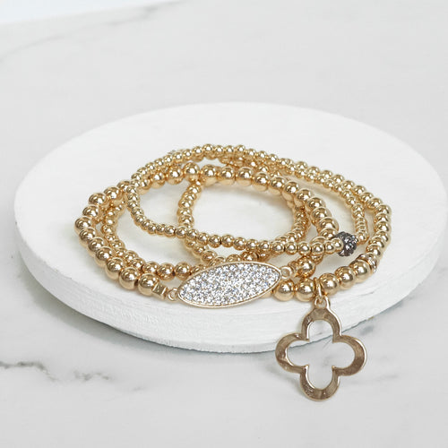 Clover and ball beads Bracelet Set with crystals in gold tone