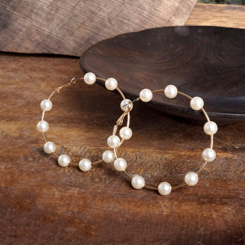 Large Golden Hoop Earrings with Pearls – 2.5" Drop