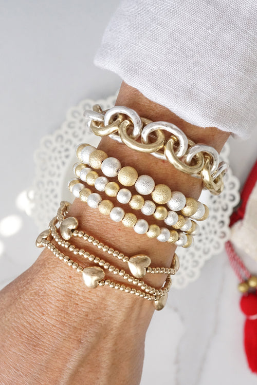 Silver Gold tone multi size textured beaded bracelet stack of 3 bracelets