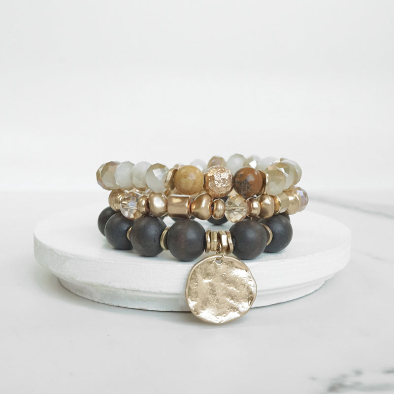 Boho Beads Coin Bracelets Statement set in Brown