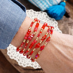 Layered Red Glass & Gold Beaded Bracelet Set