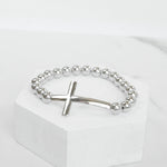 Minimal Cross Ball Beads Stretchy Bracelet - Gold Silver tones