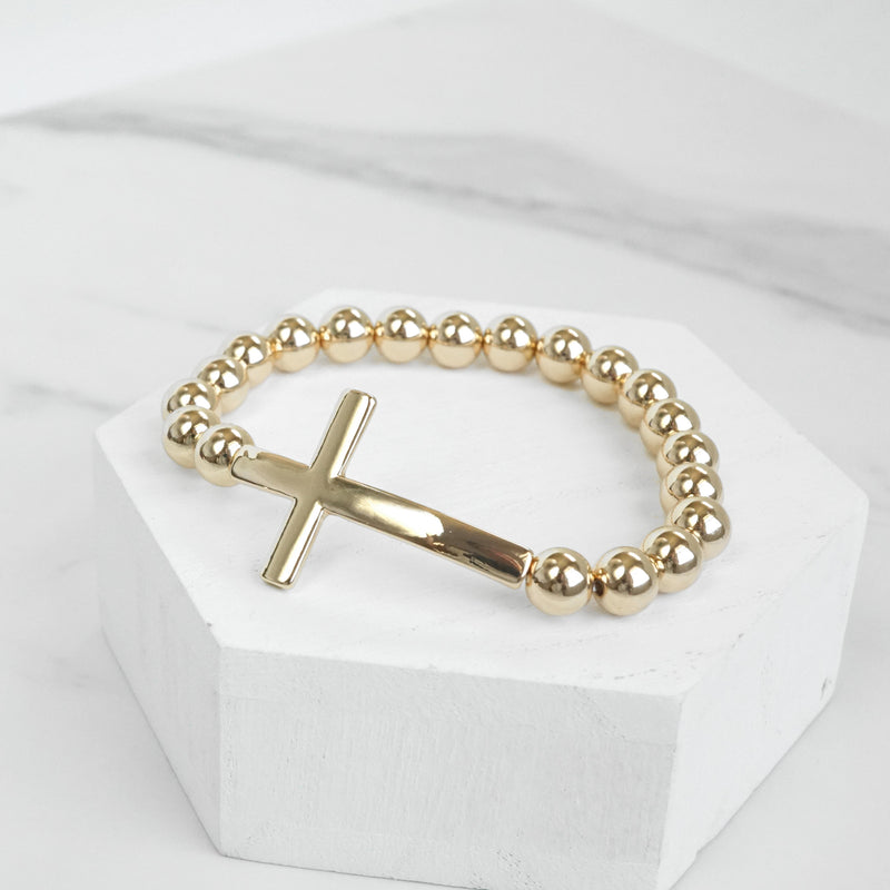 Minimal Cross Ball Beads Stretchy Bracelet - Gold Silver tones