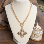 Decorative Cross Necklace Worn Gold Tone Front Toggle and Pearl