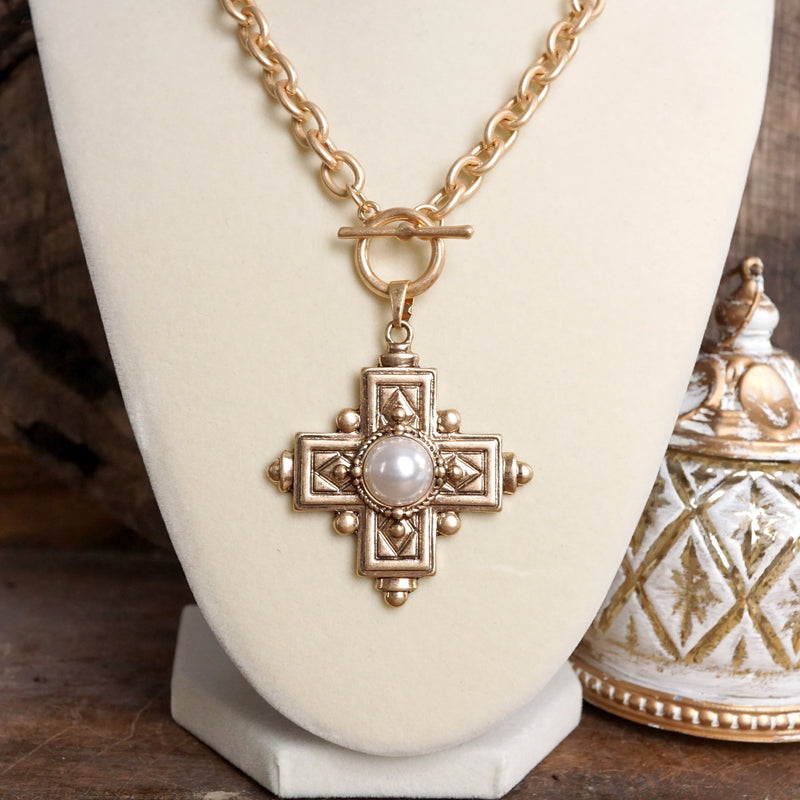 Decorative Cross Necklace Worn Gold Tone Front Toggle and Pearl